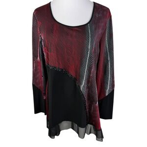 Michael Tyler Printed Tunic Top Mesh Hem Women XL Red Black